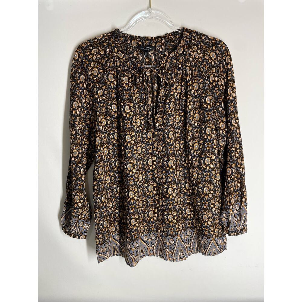 Lucky Brand Emi Border Print Peasant Black Brown Size Small
